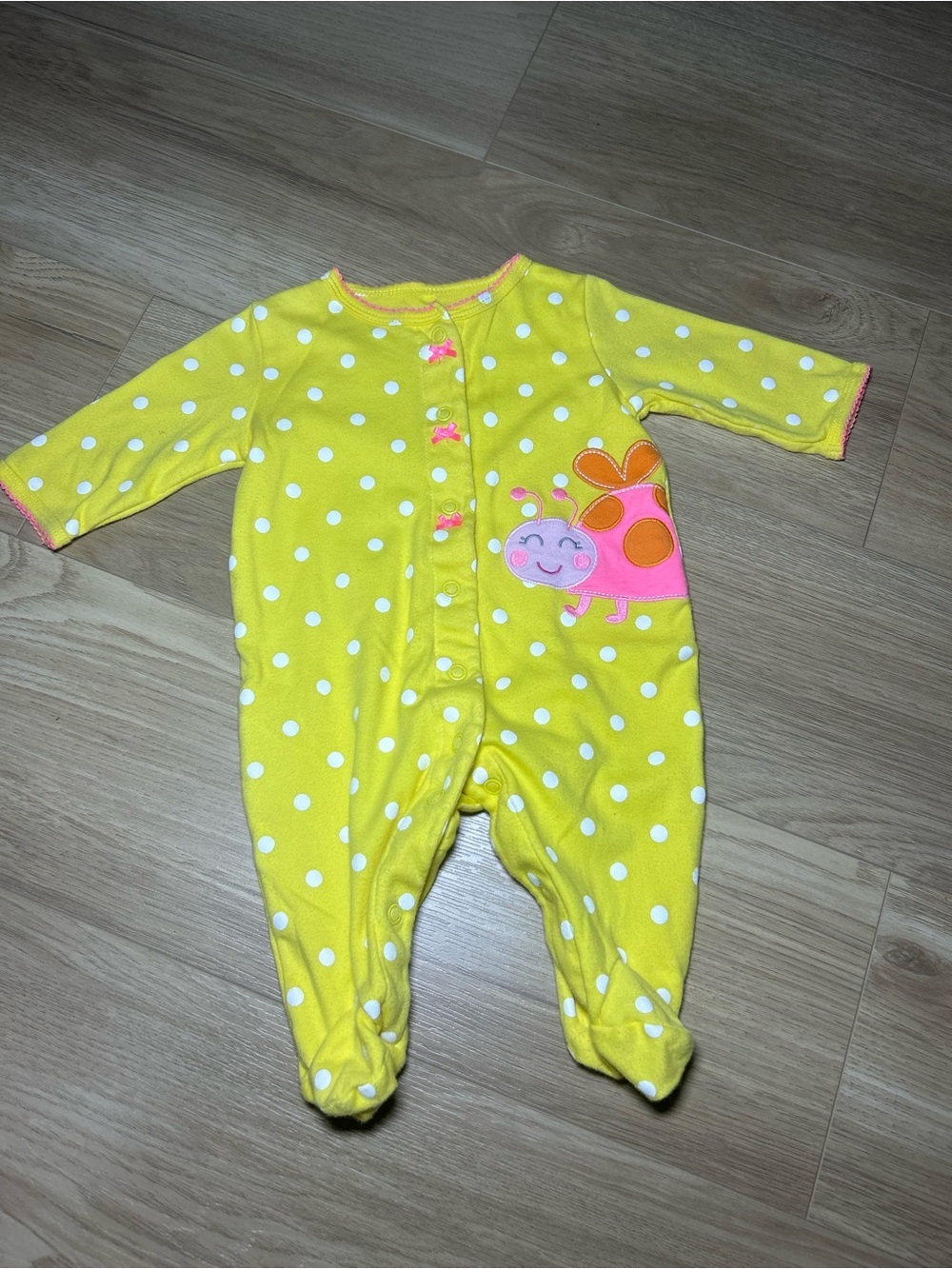 Carter's Yellow Polka Dot Footed One-Piece with Pink & Orange Bug